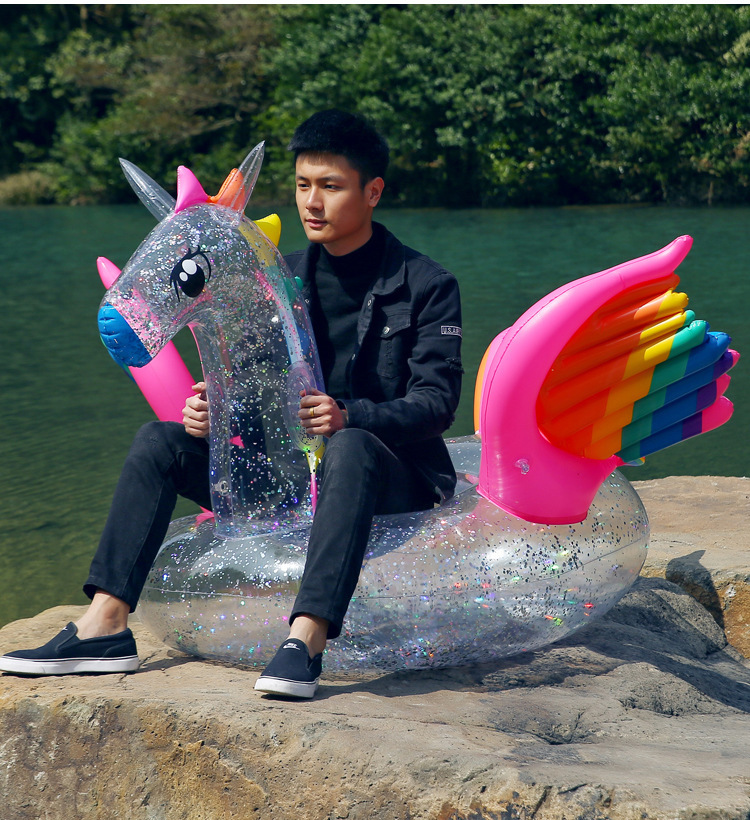 180cm Unicorn Pool Float With Holographic Glitter Transparent Rainbow Pegasus Design Inflatable Swimming Ring Water Fun Toy For Adults Kids - 11