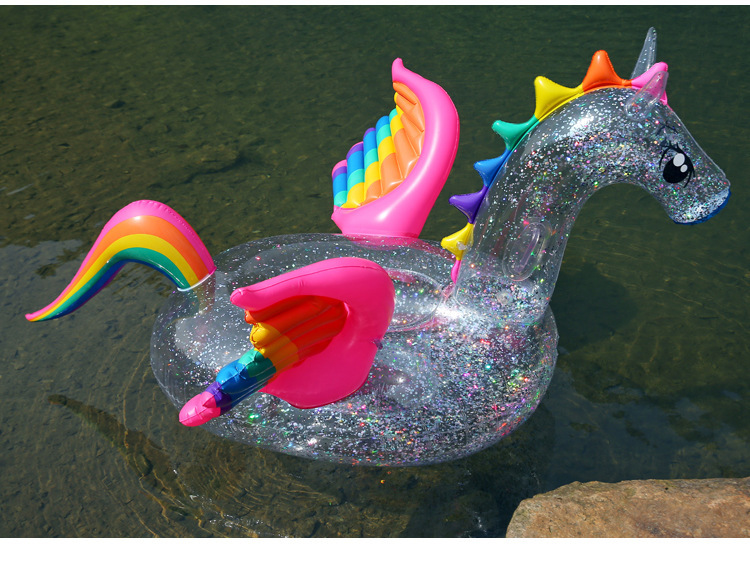 180cm Unicorn Pool Float With Holographic Glitter Transparent Rainbow Pegasus Design Inflatable Swimming Ring Water Fun Toy For Adults Kids - 7