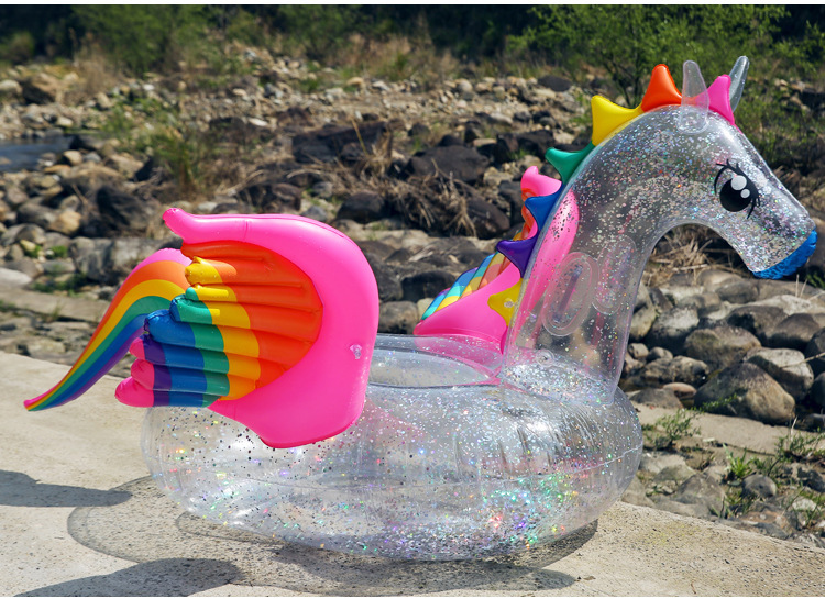 180cm Unicorn Pool Float With Holographic Glitter Transparent Rainbow Pegasus Design Inflatable Swimming Ring Water Fun Toy For Adults Kids - 2